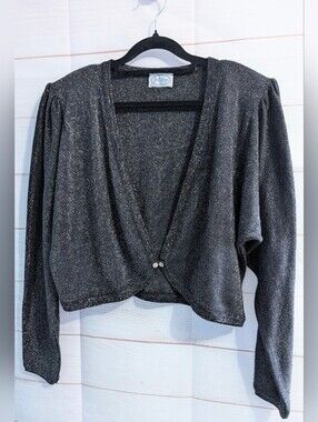 Vintage Holiday KnitwearSparkle Open-Front Black Cropped Sweater Cardigan Bolero